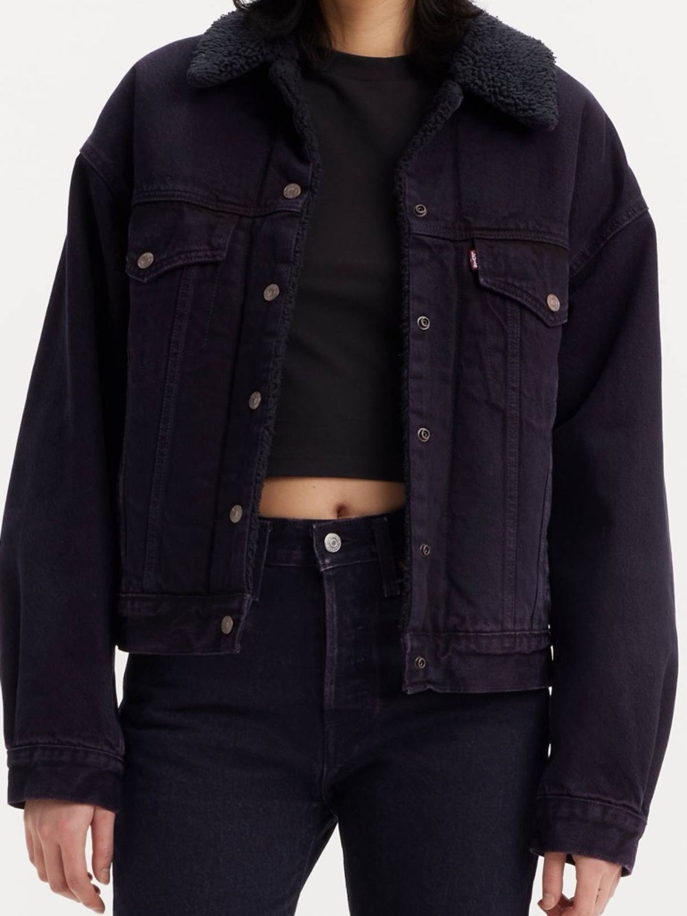 Levi’s Premium Sherpa Trucker Jacket A4435 Dark Purple Washed Black Denim Size M